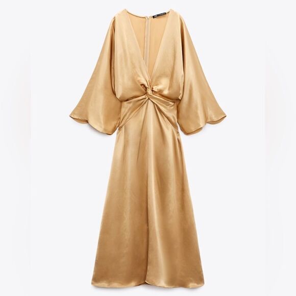 Zara Satin Gold Midi Knot Dress New - Picture 3 of 12